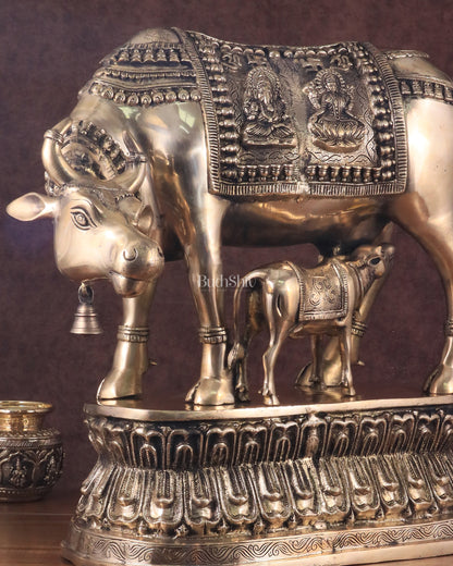 Brass Large Kamadhenu Cow with Calf Idol - 22 Inch Antique Charm