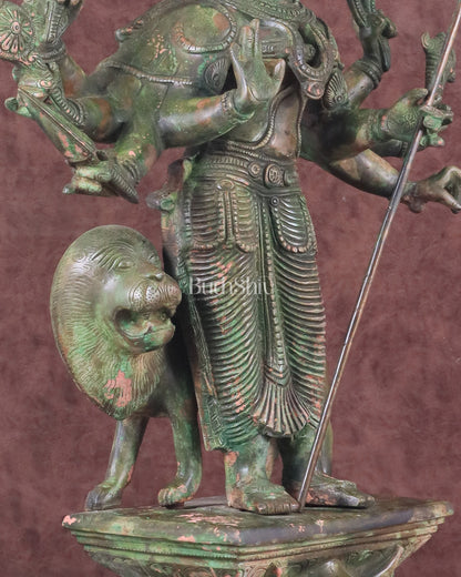 Standing Durga Brass idol with lion 18 inch green