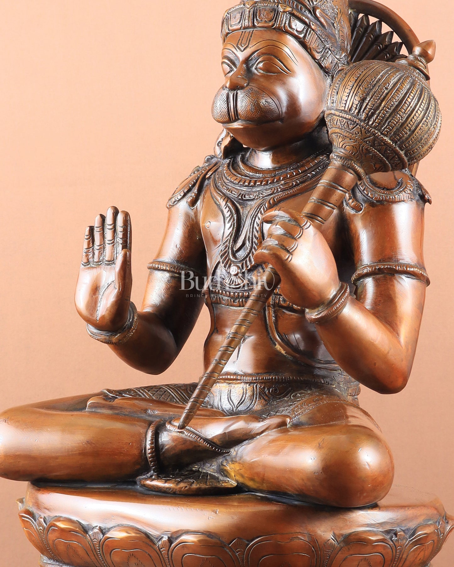 Handcrafted Brass Blessing Hanuman Sculpture - 18" Height, Antique Copper tone