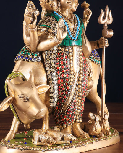 Brass Dattatreya Statue – 11" Tall with stonework