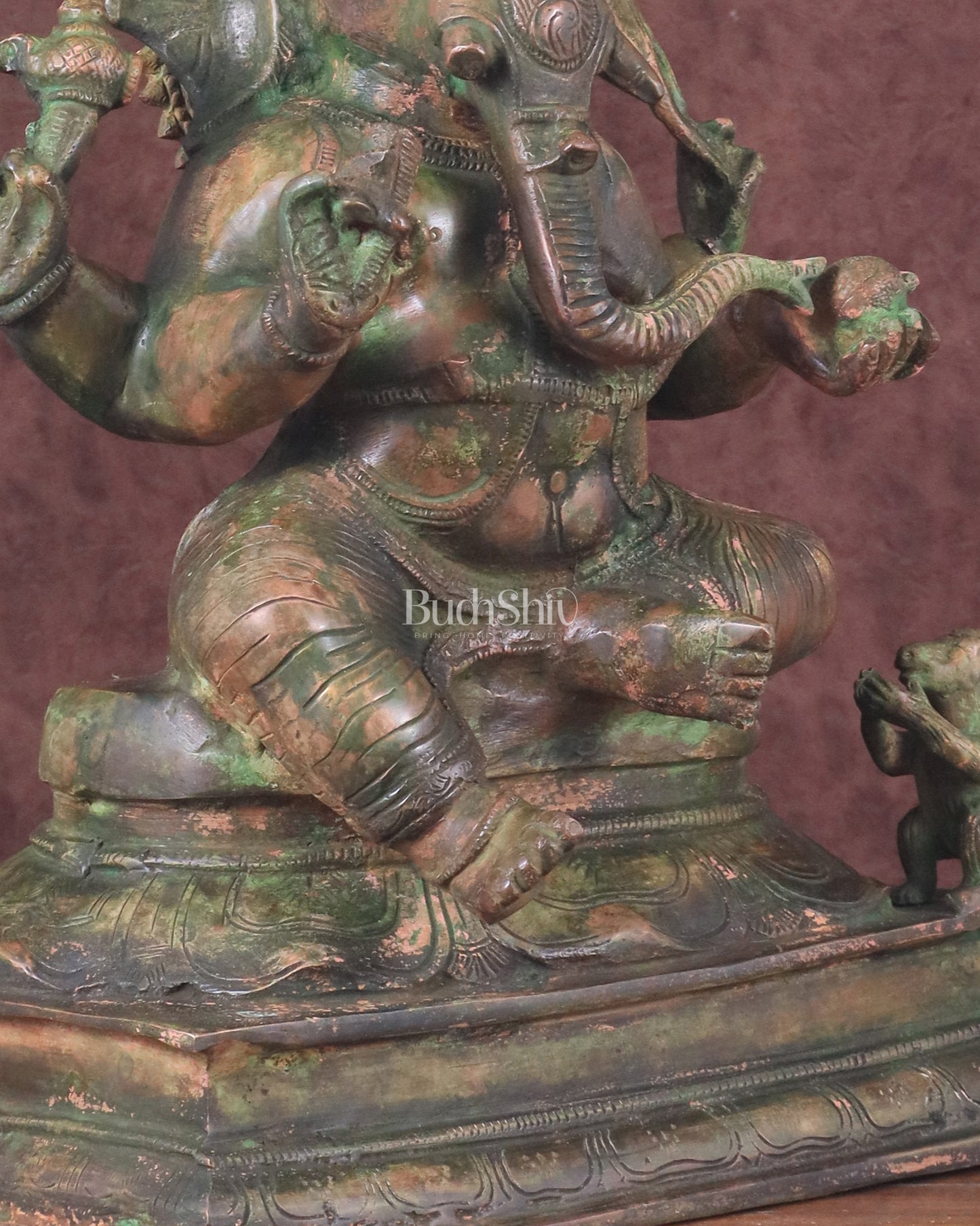 Vintage Brass Lord Ganesha Statue with Green Patina Finish - 14"