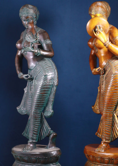 Majestic Brass Lady Holding Parrot & Lady Holding Mirror Sculpture – Chola Style, 36 Inch, 48 Kg