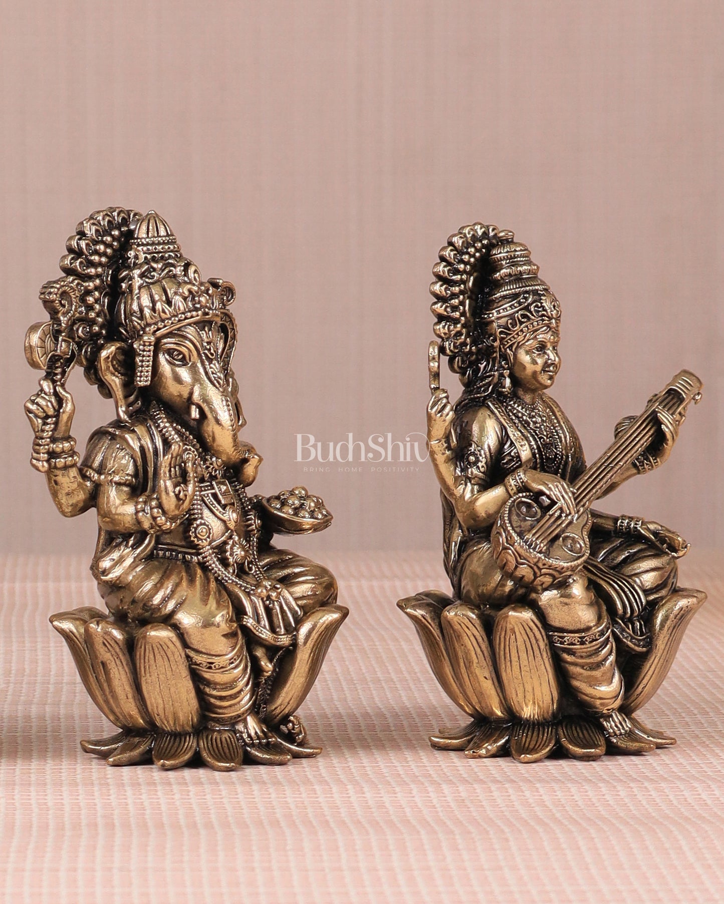 Brass Superfine Ganesh Lakshmi Saraswati Idols - 4 Inch lotus base