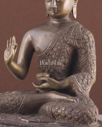 Pure Brass Antique Buddha Blessing Statue - 13.5" thick Copper tone