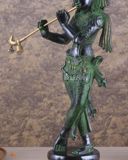 Brass Superfine Lord Krishna with Unique Crown Idol | Height: 14.5 inch black and green patina