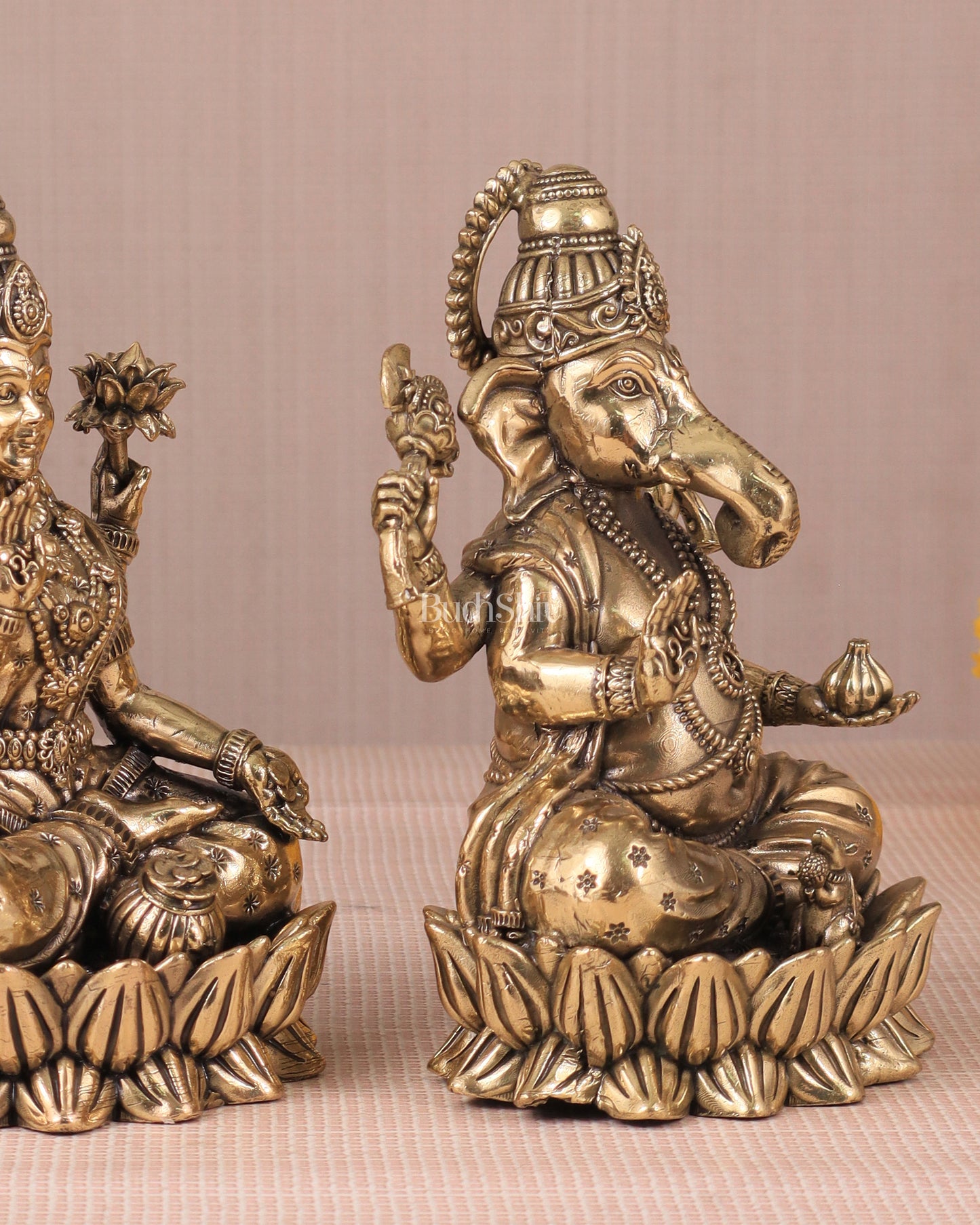 Intricate Ganesha and Lakshmi Superfine Brass Idols with Clear Detailing 6"