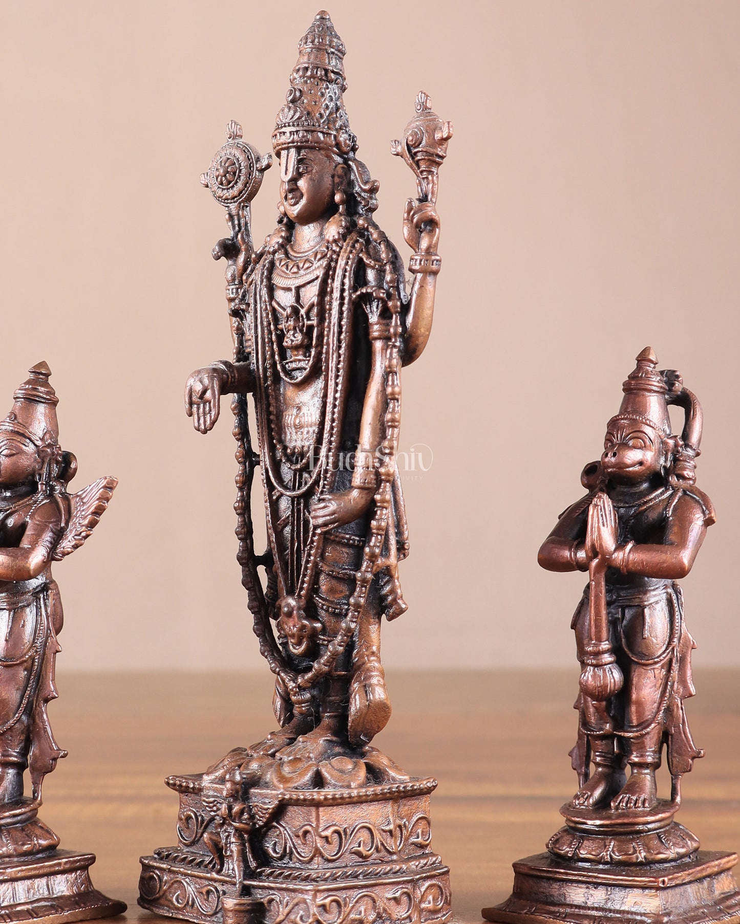 Pure Copper Tirupati Balaji with Hanuman & Garuda Idol Set 6.5"