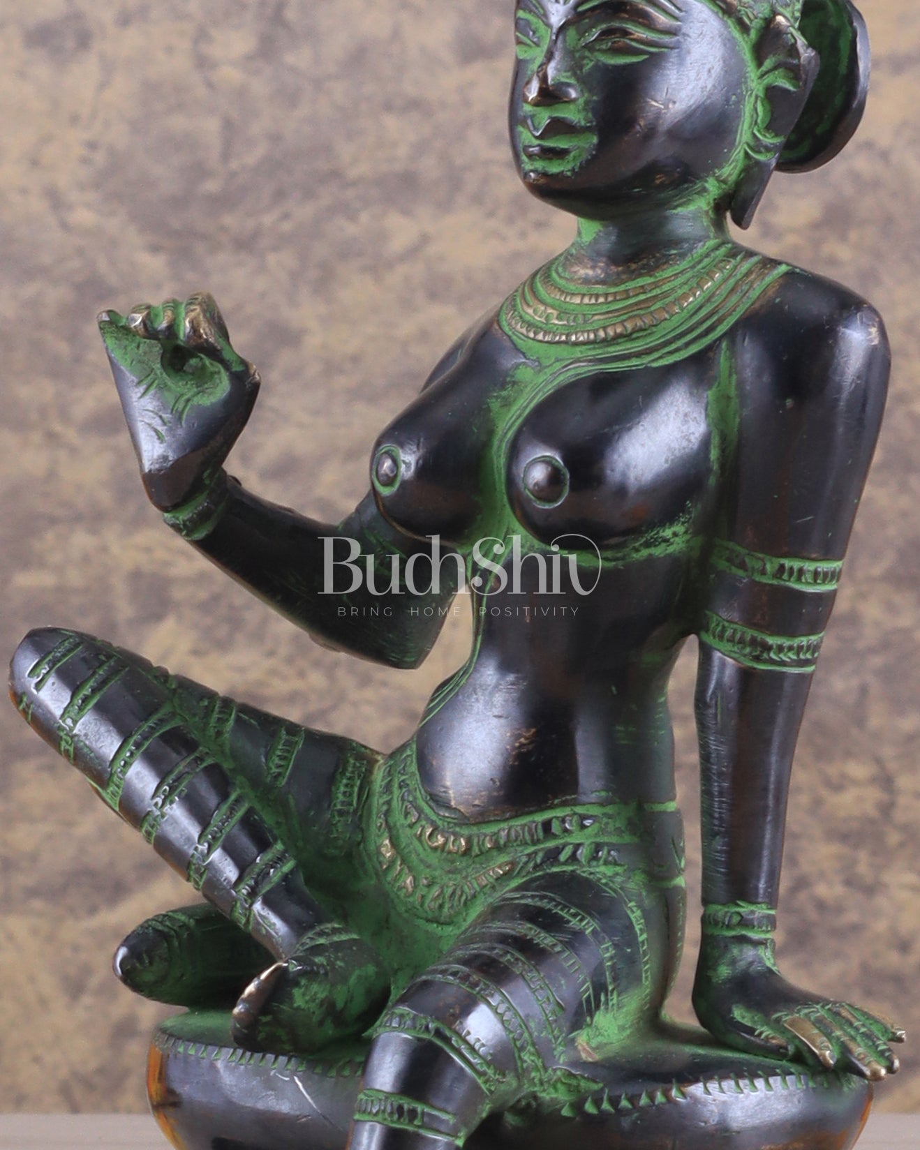 Elegant Pure Brass Seated Parvati Idol – 9 Inch Height black and green tone