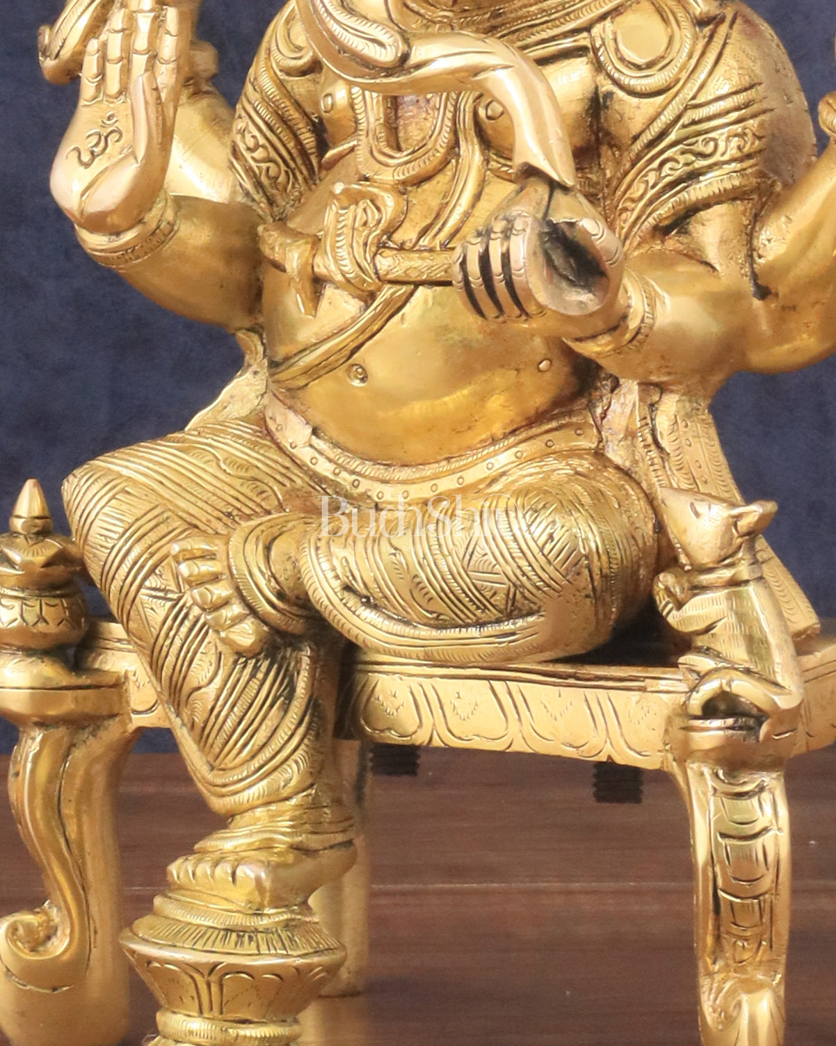 Exquisite Brass Lord Ganesha Seated on Throne Statue - 12" Tall