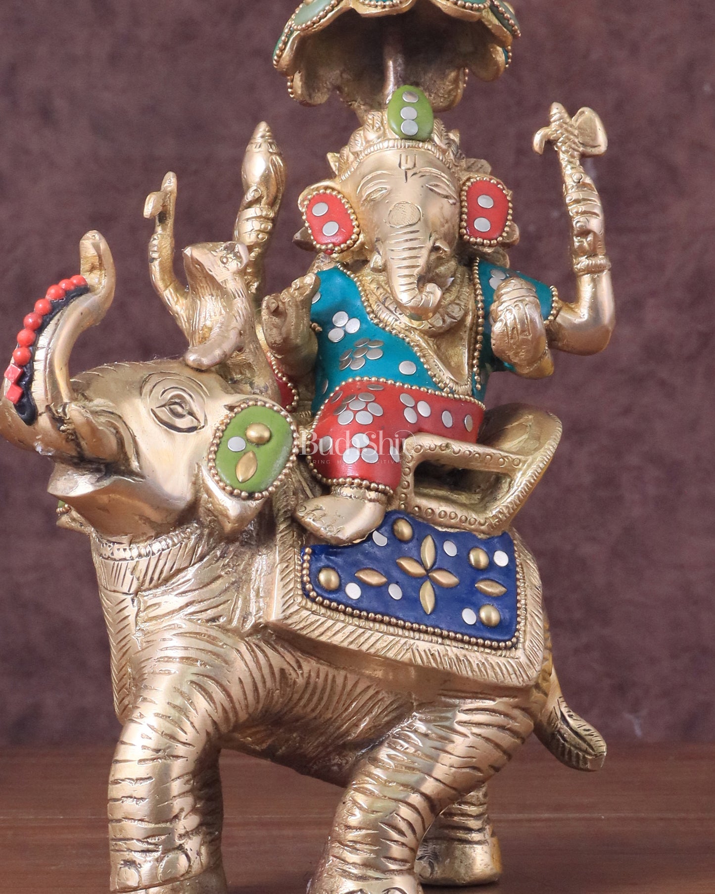 Lord Ganesha sitting on elephant meenakari brass statue