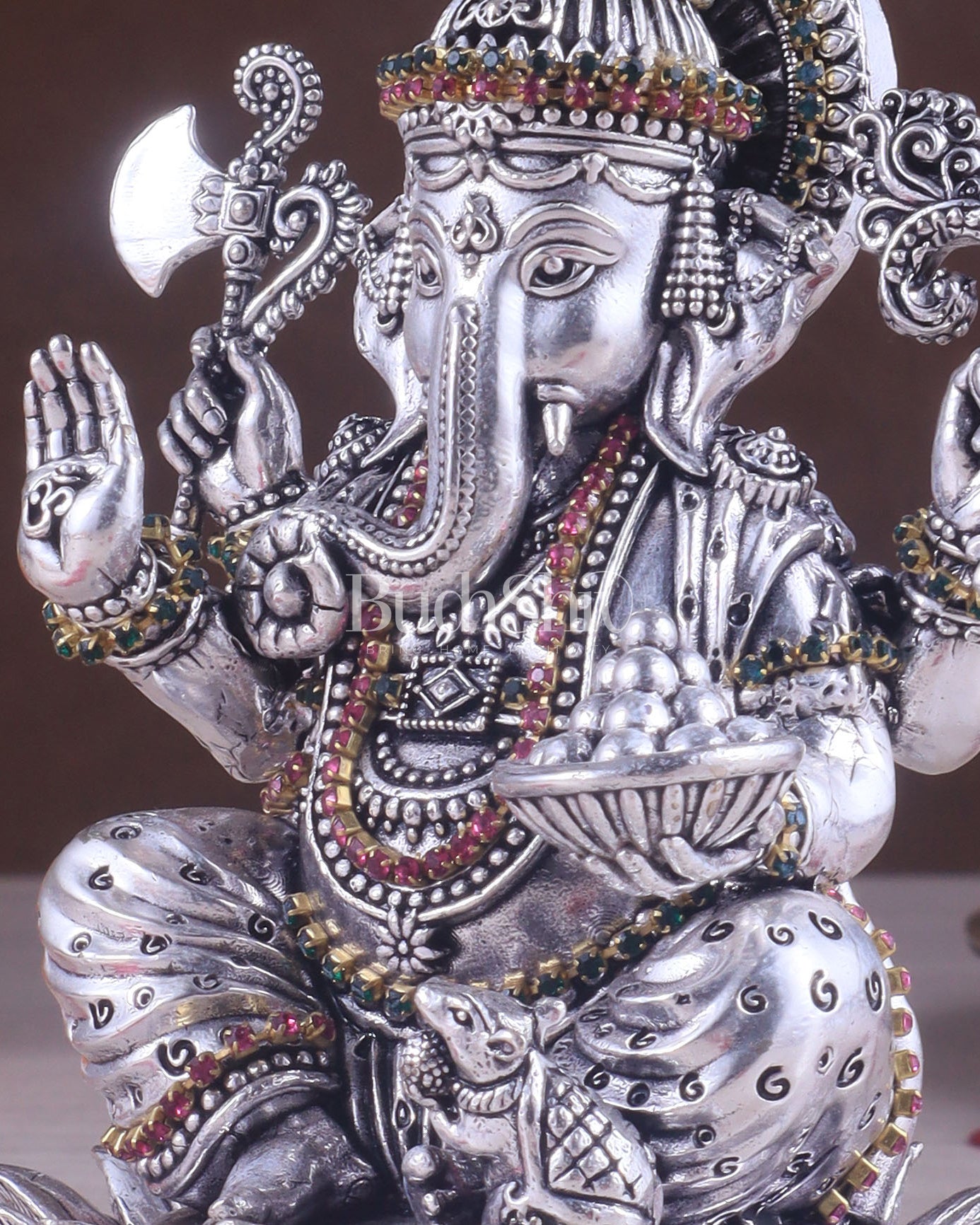 Silver plated Brass Superfine Intricately Carved Small Right trunk Ganesha Idol - 5" Tall