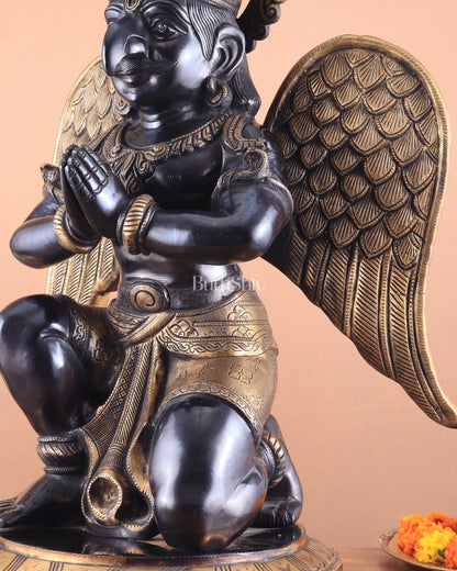 Grand Pure Brass Garuda Sculpture with Heat-Treated Vintage Black and Gold Finish - 28"