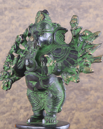 Brass Standing Lord Ganesha Idol with 16 Arms - 8.5 Inch black and green patina tone