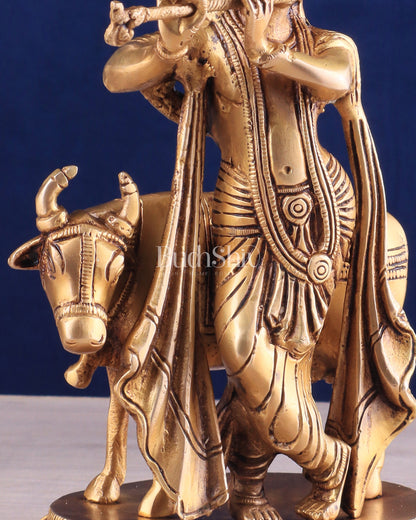 Brass Lord Krishna with Cow Idol - Intricately Handcrafted, 8.5 Inches