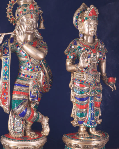 Large Brass Radha Krishna Statues - 36" Height, stonework