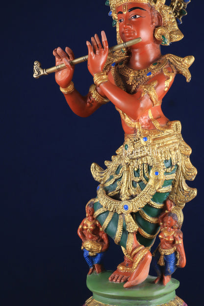 Pure Brass Lord Krishna Hand-Painted Masterpiece – Exquisite Artwork 30"