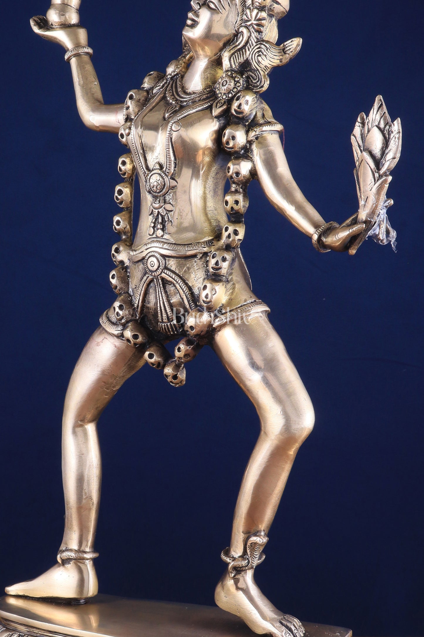 Pure Brass Dancing Kali Idol – Crowned & Adorned with Skull Garland 23"