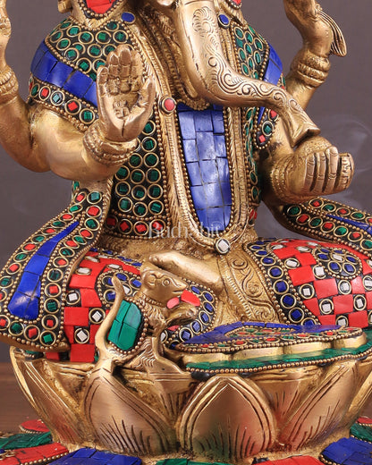 Pure Brass Lord Ganesha on Lotus statue | 11 Inch meenakari