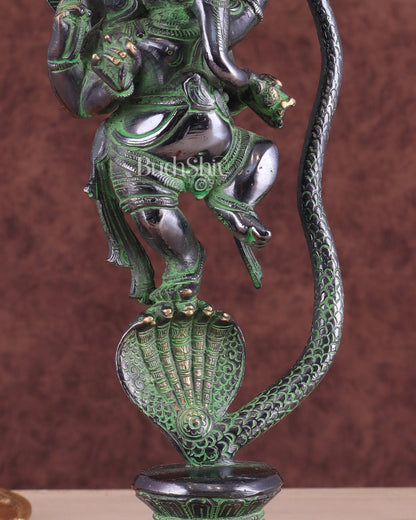 Lord Ganesha Dancing on Snake Brass Statue – Black & Green Antique Finish