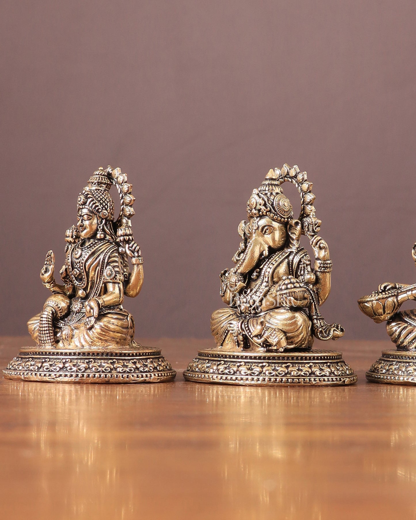 Pure Brass Ganesh, Lakshmi, Saraswati Intricate Idols 3"