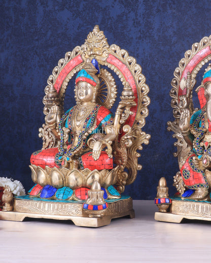 Lord Ganesha and Goddess Lakshmi Brass Statues - Height 18 inches