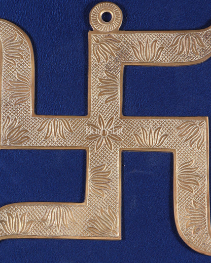 Pure Brass Wall Hanging Swastik with Lotus Carvings
