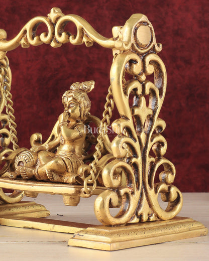 Pure Brass superfine Makhan Chor Bal Krishna on Swing Idol - 7" Height