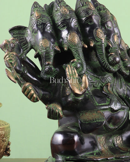 Pure Brass Large Panchmukhi Ganesha Statue - Black Green tone , 13"