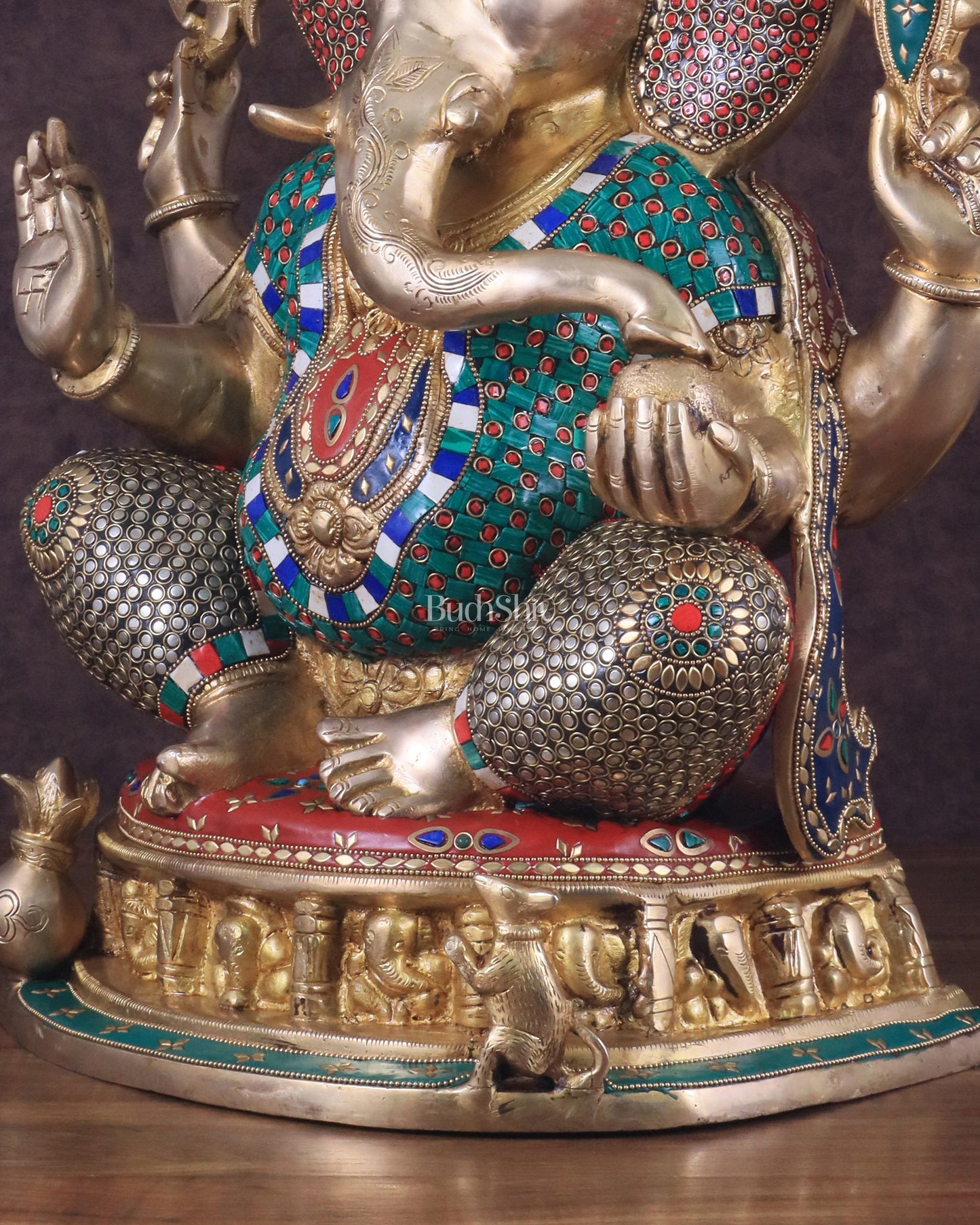 Pure Brass Large Ganesha Statue with Meenakari Stonework and Ashtavinayak Carvings - 22"