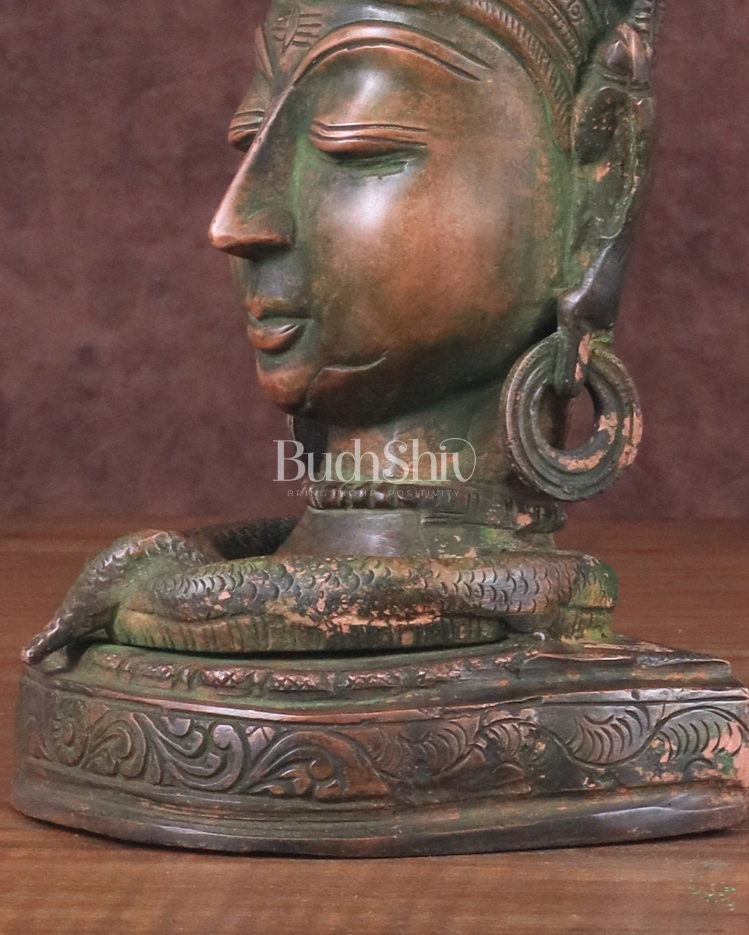 Brass Lord Shiva Face Bust Statue - Vintage Green Finish, 9"