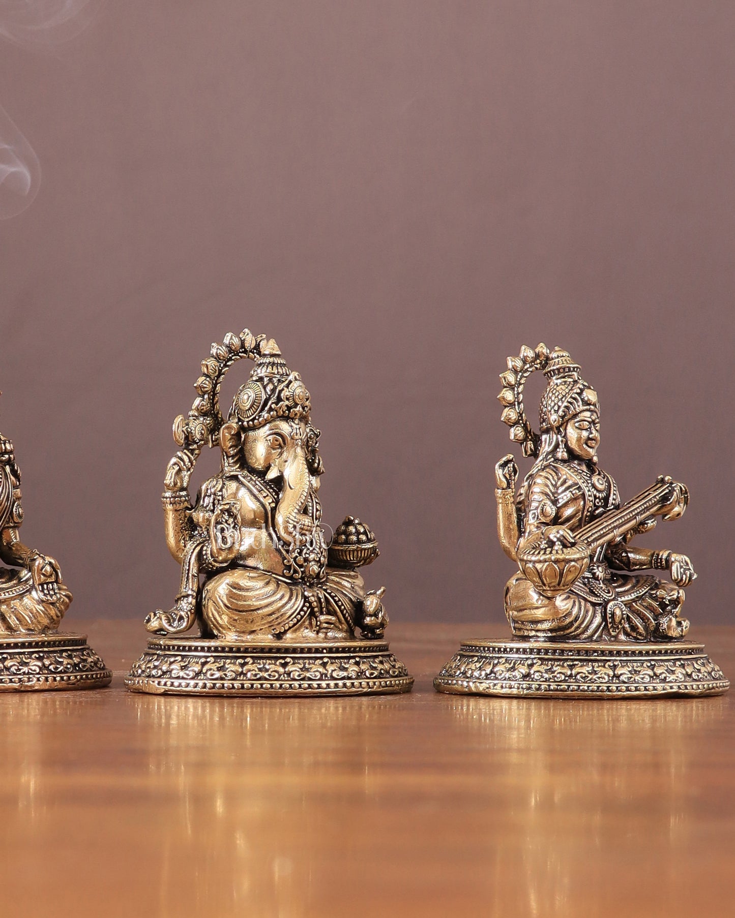 Pure Brass Ganesh, Lakshmi, Saraswati Intricate Idols 3"