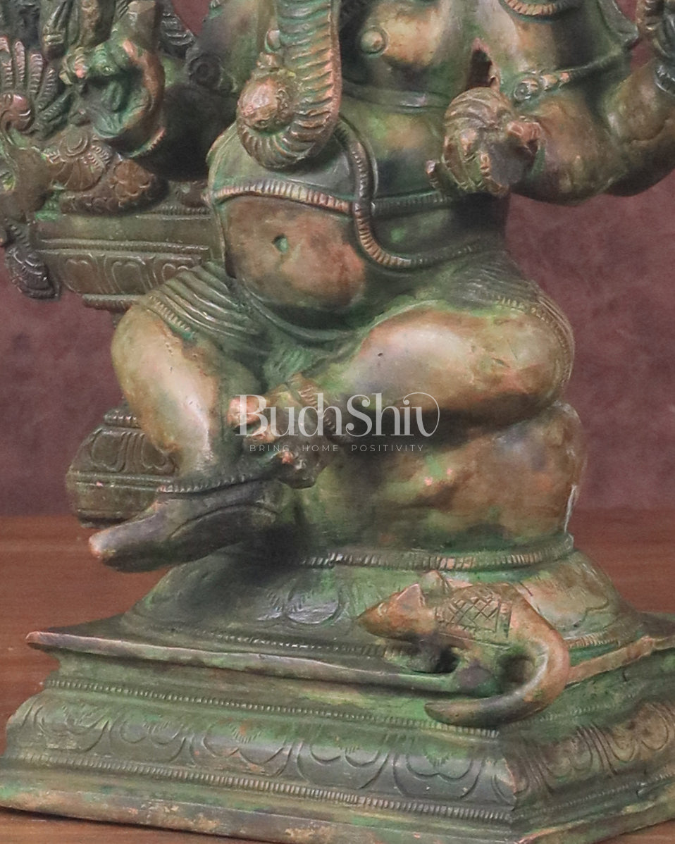 Pure Brass Vintage Lord Vinayaka (Ganesha) with Prabhavali - Green Patina, 15.5"