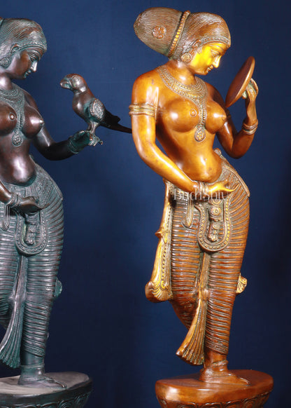 Majestic Brass Lady Holding Parrot & Lady Holding Mirror Sculpture – Chola Style, 36 Inch, 48 Kg