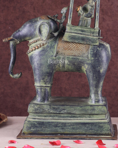 Brass Lord Indra Statue on Elephant – Vintage Sand Patina Finish 21.5"