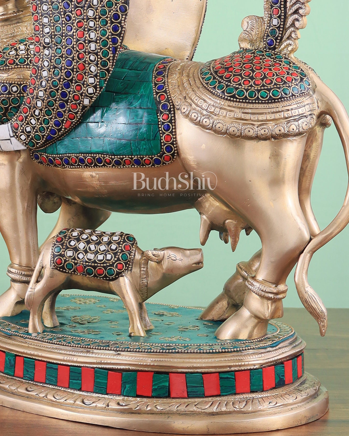 Exquisite Brass Kamdhenu Cow with calf Statue | 16.5" glossy