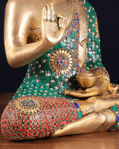 Pure Brass Buddha Statue in Abhaya Mudra with stonework 14 inch