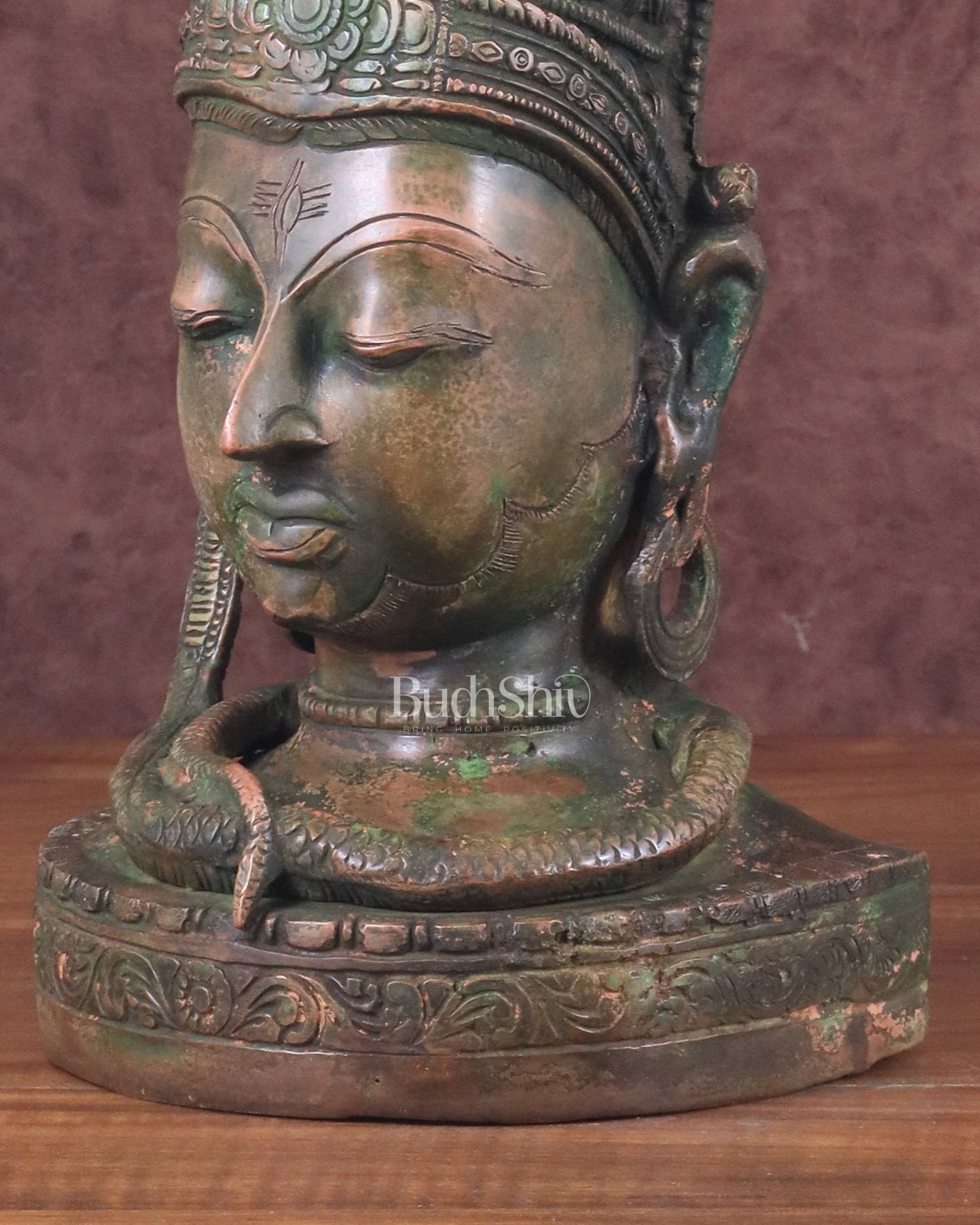 Pure Brass Lord Shiva Face Bust - Antique Green Patina 12"