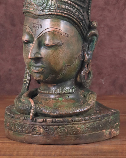 Pure Brass Lord Shiva Face Bust - Antique Green Patina 12"