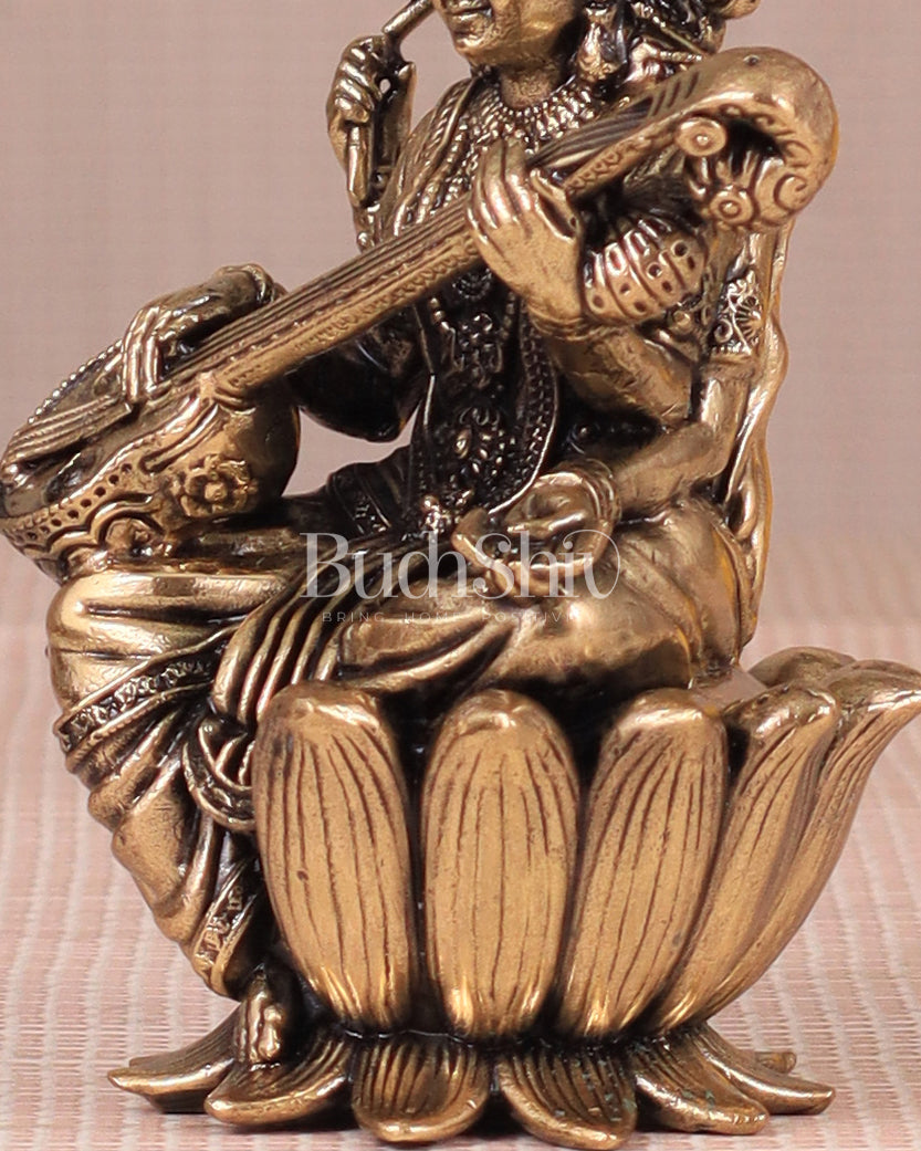 Brass Superfine Saraswati Idol - 4 Inch lotus base