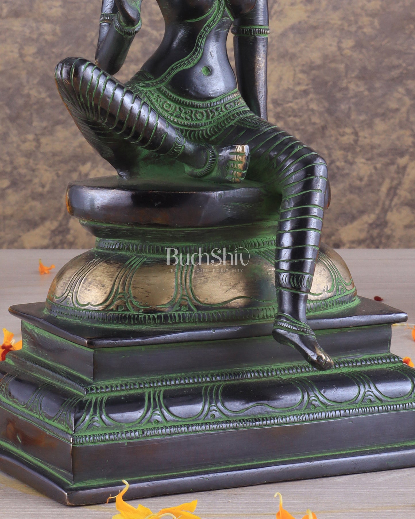 Pure Brass Superfine Seated Parvati Idol black and green Finish - 11" Tall