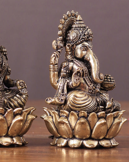 Pure Brass Intricate Superfine Ganesha-Lakshmi Idol Pair 3"