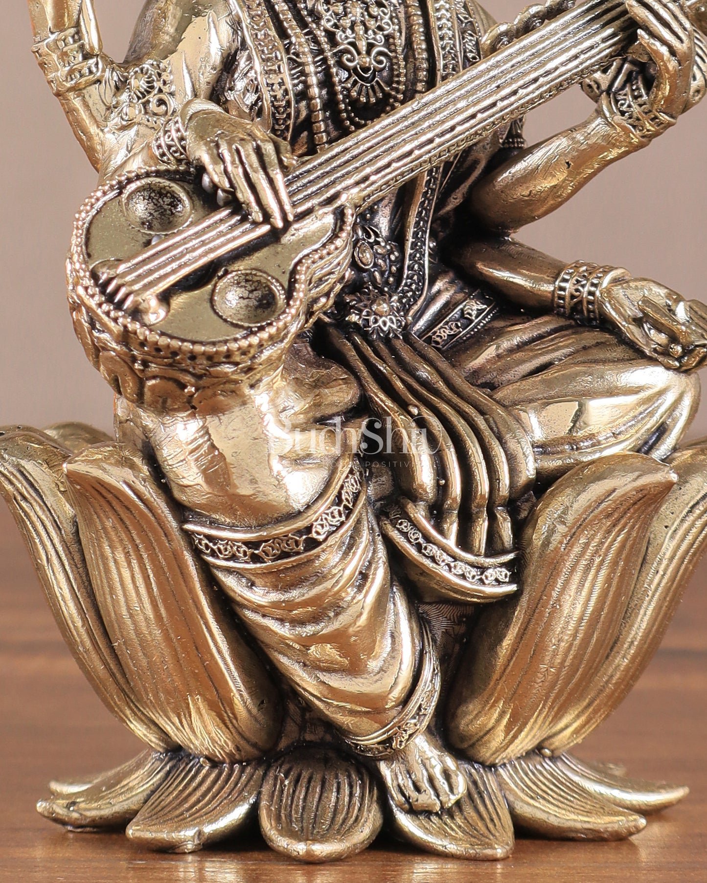 Superfine Brass Saraswati Idol - 6" Tall, Intricate Detailing