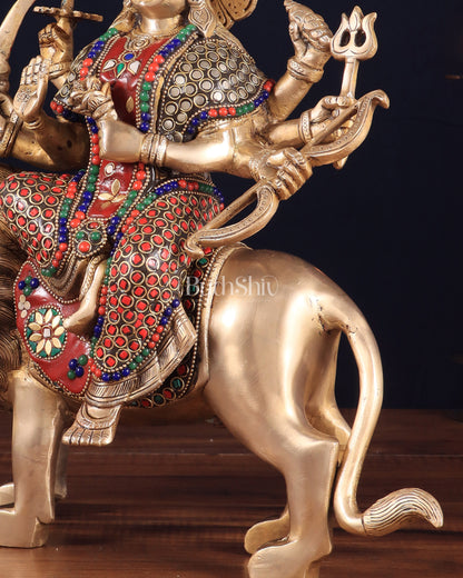 Elegant Brass Durga Mata sherawali ma Statue 12 Inch | durga ma with stonework