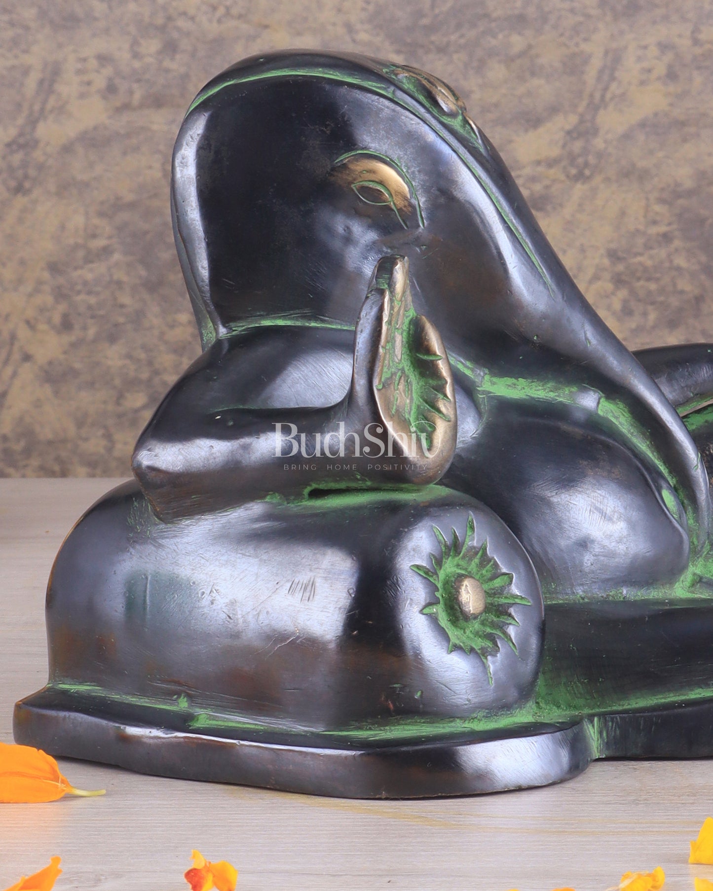 Pure Brass Handcrafted Modern Ganesha Statue in Resting Posture
Vintage Black and Green Tone 11 inch