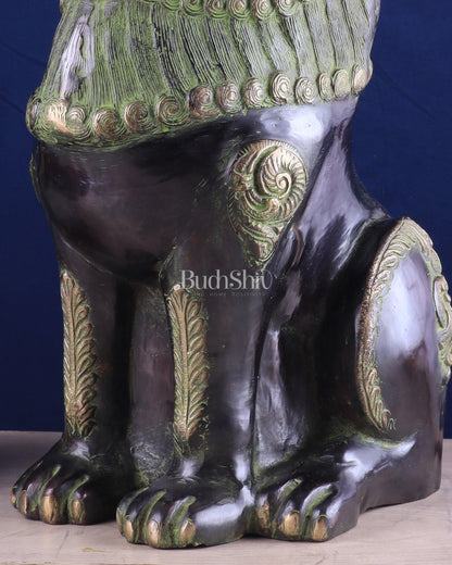 Pure Brass Large Tibetan Lion - Vintage Black-Green Tone, 21 Inches