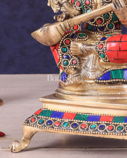 Pure Brass Goddess Saraswati Idol | Meenakari Stonework 8"