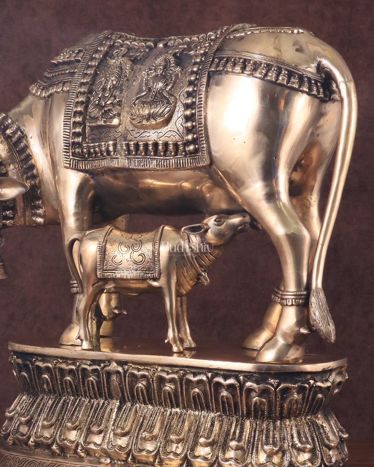 Brass Large Kamadhenu Cow with Calf Idol - 22 Inch Antique Charm