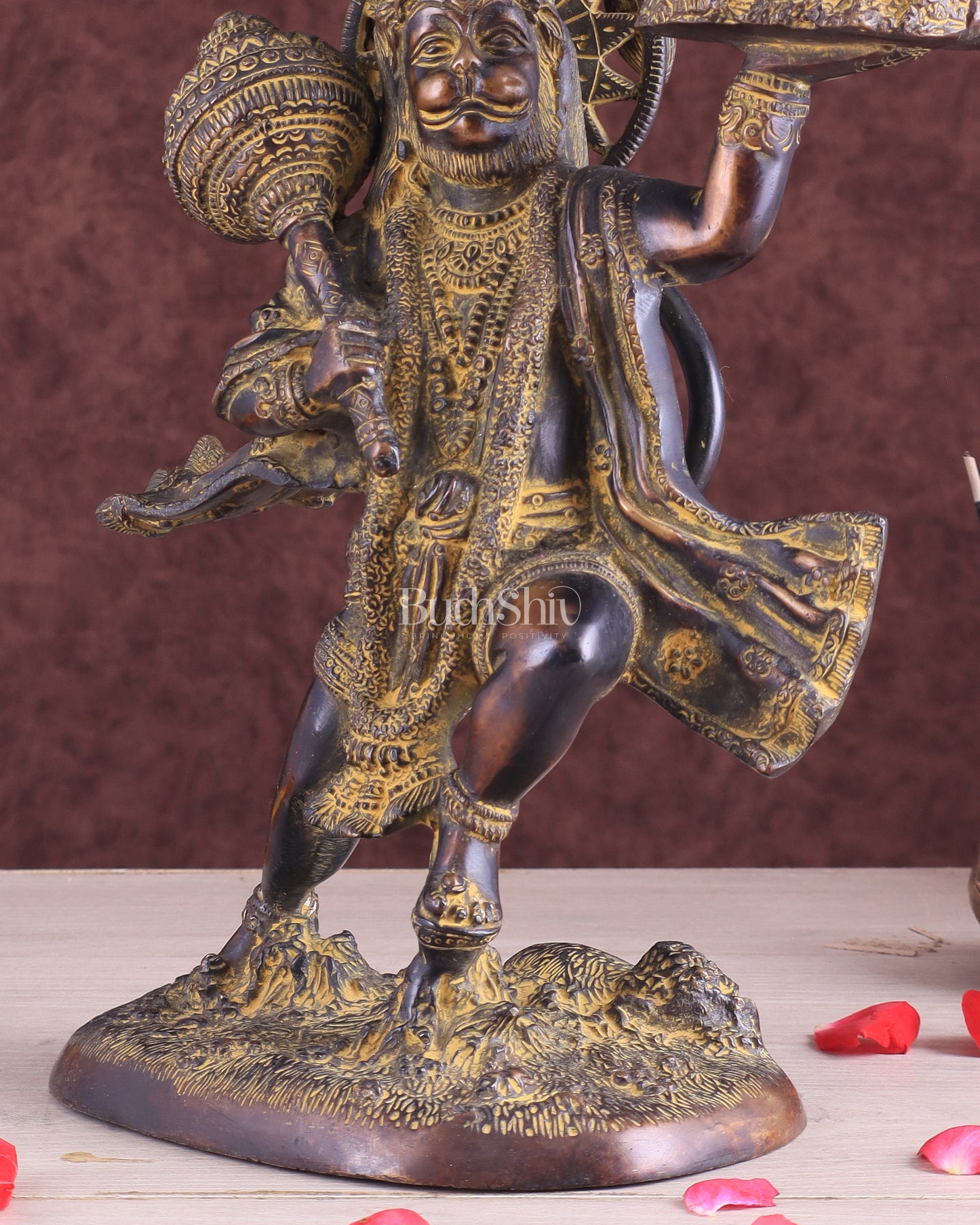 Vintage Brass Lord Hanuman Statue Carrying Sanjeevani Mountain 10.5"