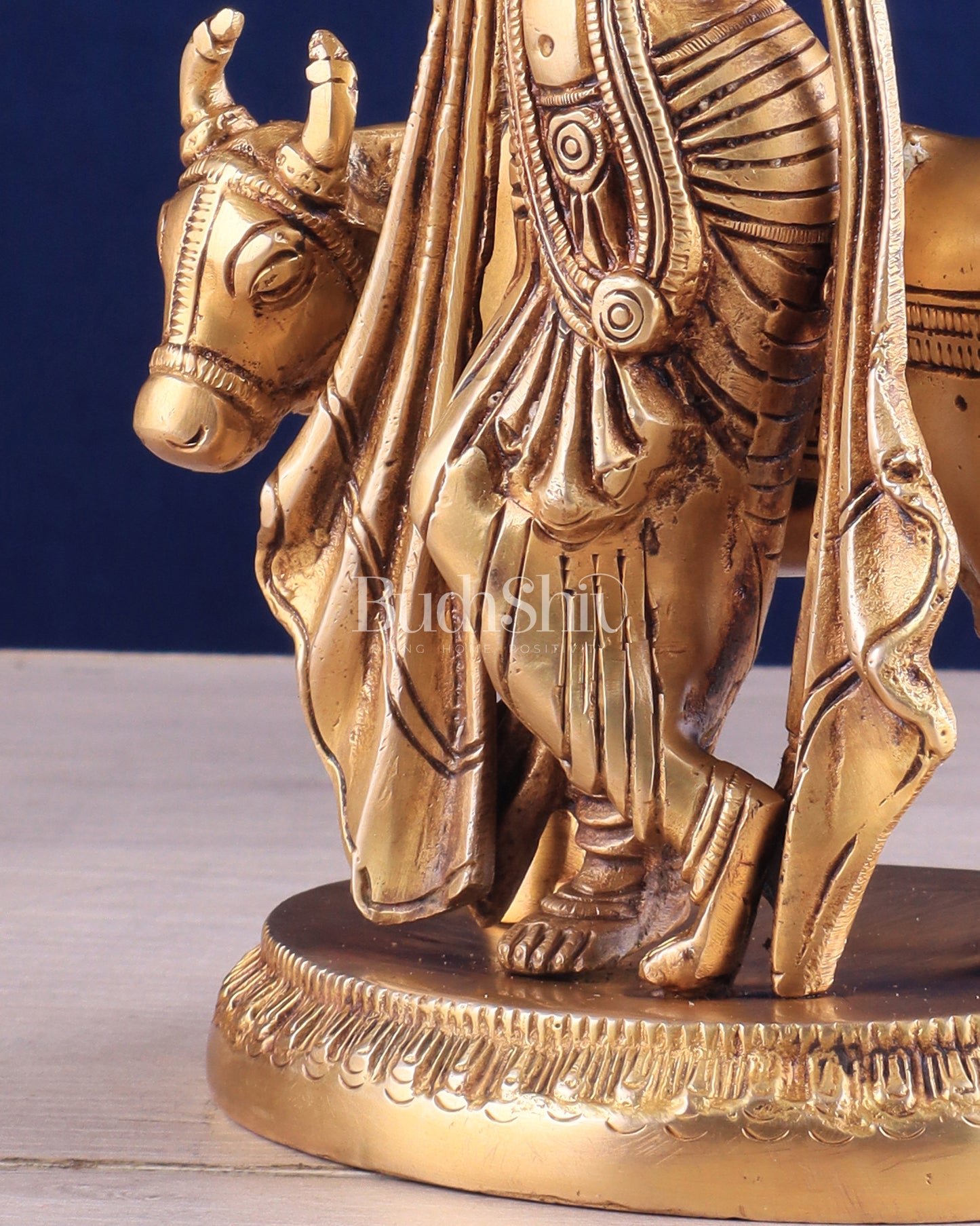 Brass Lord Krishna with Cow Idol - Intricately Handcrafted, 8.5 Inches