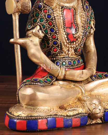 Brass Lord Shiva in Meditation Statue 8" meenakari Stonework